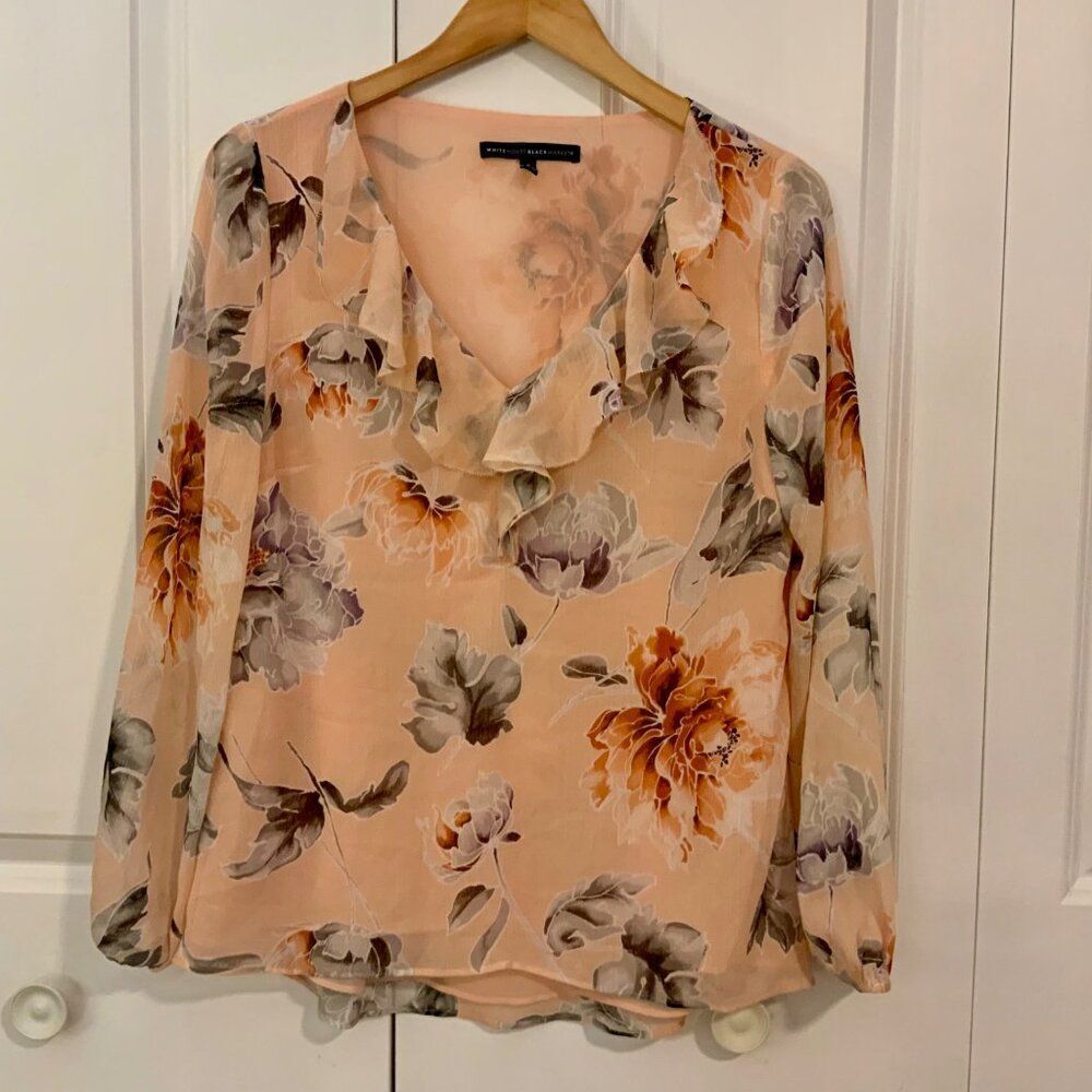 White House Black Market Orange Peach Floral Ruffle Trim Top Size 8